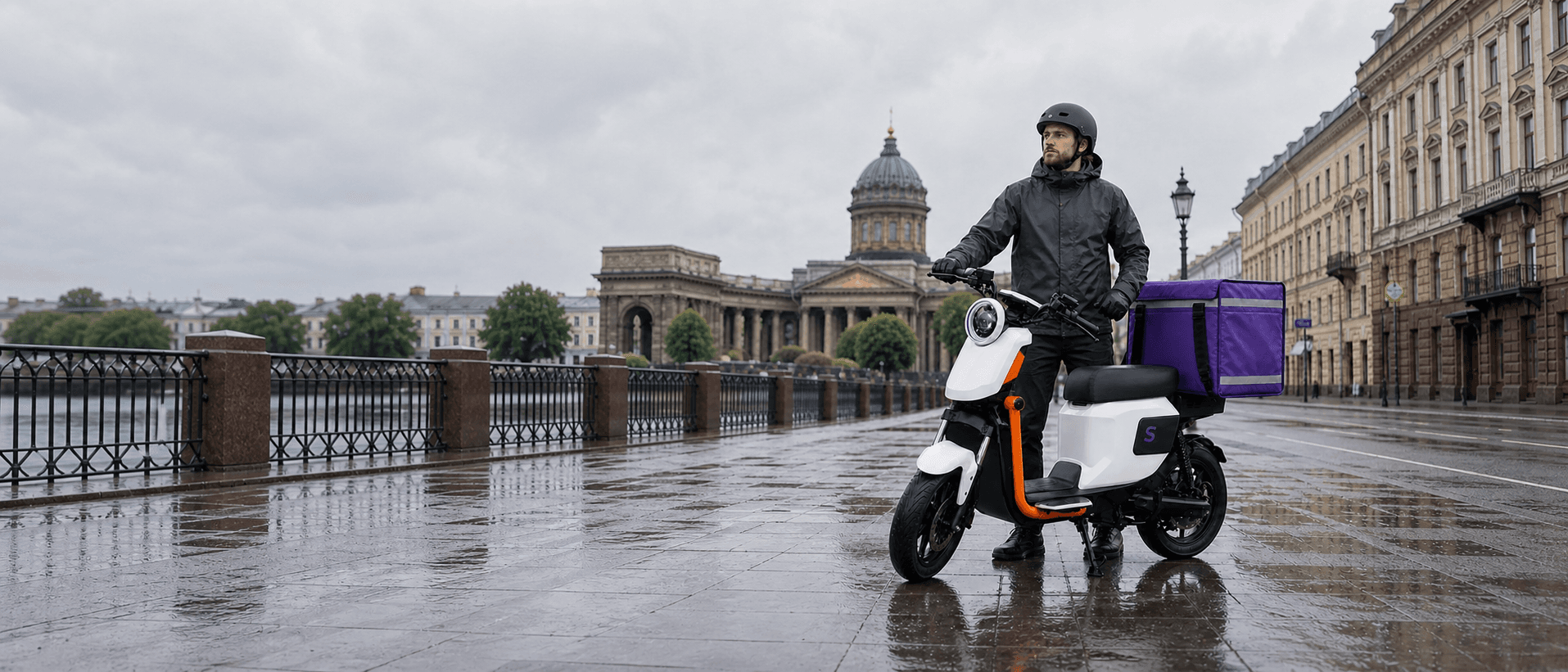 Курьер рядом с электровелосипедом SkyBike